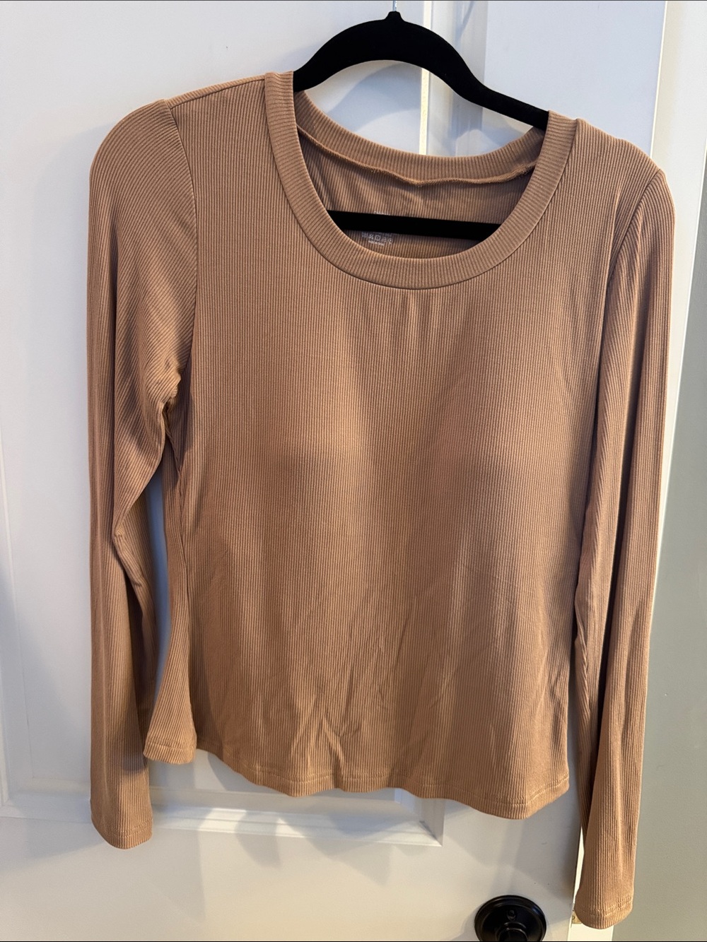 Long Sleeve Ribbed Crewneck Top in Taupe